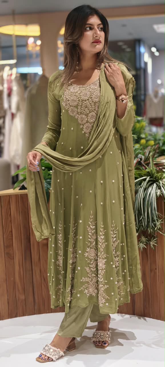 Heavy Zardozi Blend Embroidery Work Anarkali Suit Set with Pearl/Sequins Booti Work In Chinon Fabric- 16235