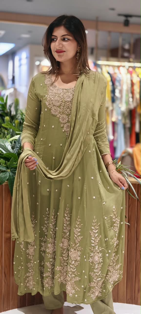Heavy Zardozi Blend Embroidery Work Anarkali Suit Set with Pearl/Sequins Booti Work In Chinon Fabric- 16235