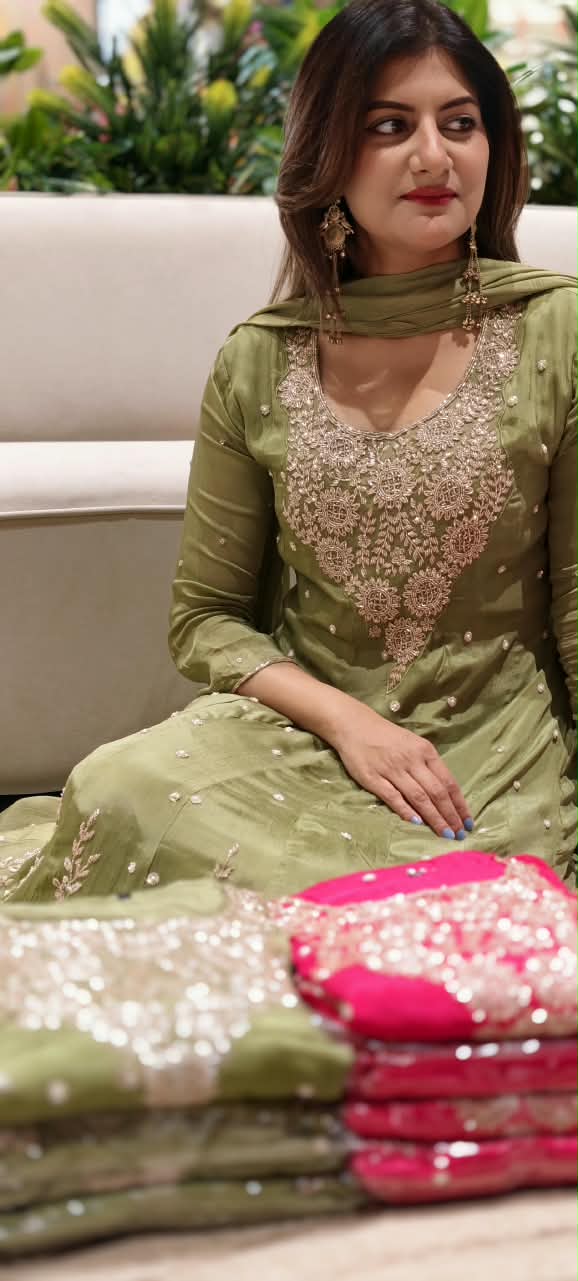 Heavy Zardozi Blend Embroidery Work Anarkali Suit Set with Pearl/Sequins Booti Work In Chinon Fabric- 16235