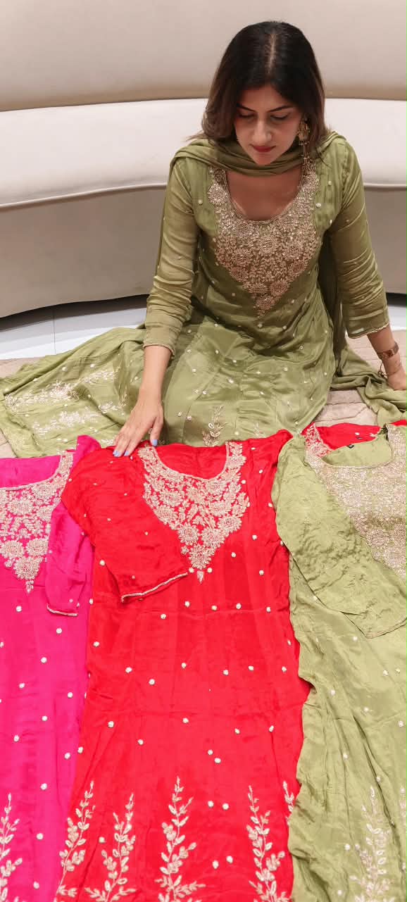 Heavy Zardozi Blend Embroidery Work Anarkali Suit Set with Pearl/Sequins Booti Work In Chinon Fabric- 16235
