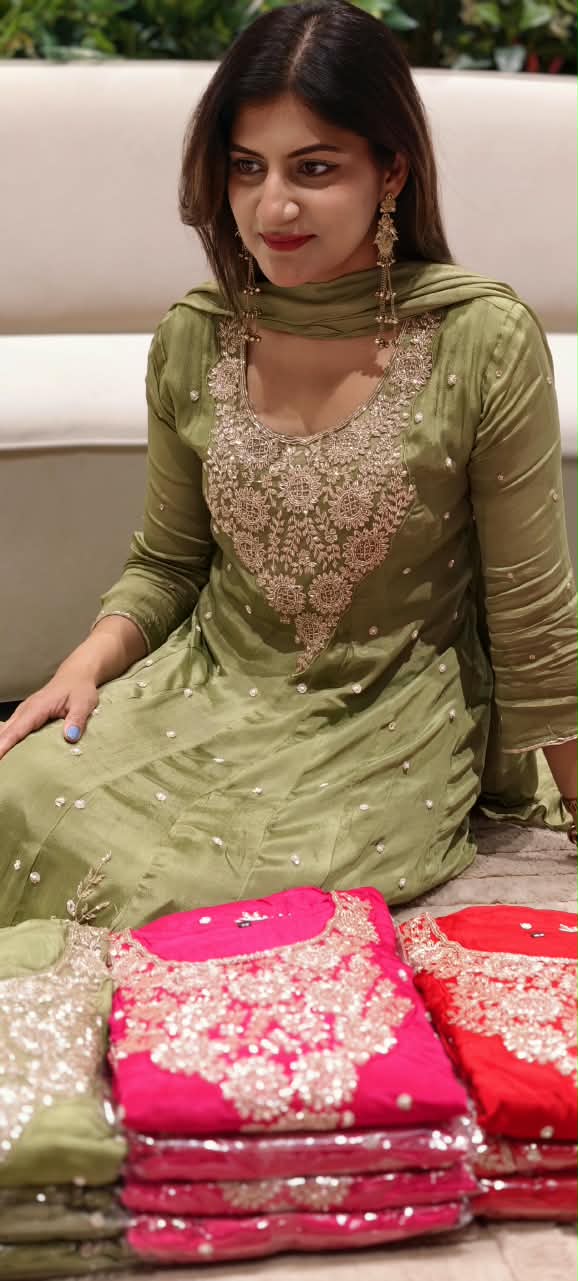 Heavy Zardozi Blend Embroidery Work Anarkali Suit Set with Pearl/Sequins Booti Work In Chinon Fabric- 16235