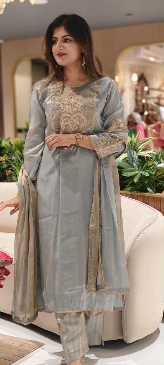 High End Tissue English Color Pallete Golden Highligted Embroidery Works A-Line Full Suit Set With Dupatta- 16070