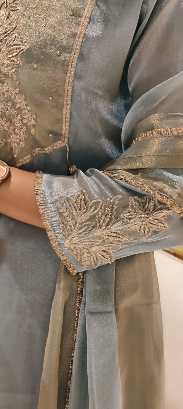 High End Tissue English Color Pallete Golden Highligted Embroidery Works A-Line Full Suit Set With Dupatta- 16070