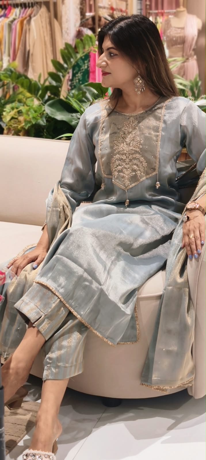 High End Tissue English Color Pallete Golden Highligted Embroidery Works A-Line Full Suit Set With Dupatta- 16070