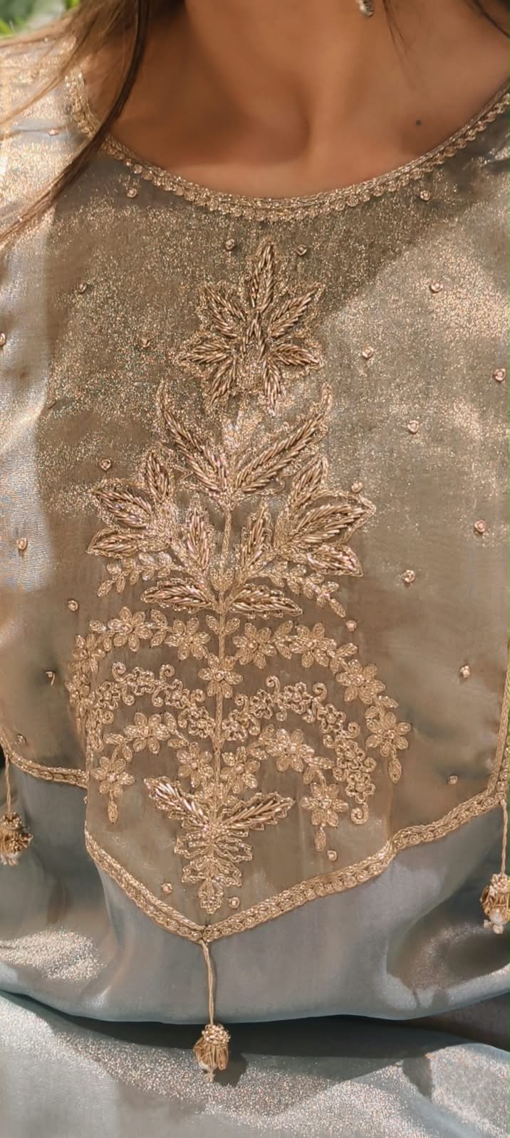 High End Tissue English Color Pallete Golden Highligted Embroidery Works A-Line Full Suit Set With Dupatta- 16070