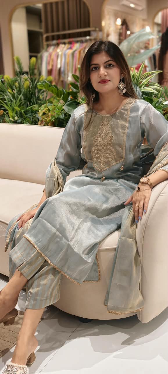 High End Tissue English Color Pallete Golden Highligted Embroidery Works A-Line Full Suit Set With Dupatta- 16070