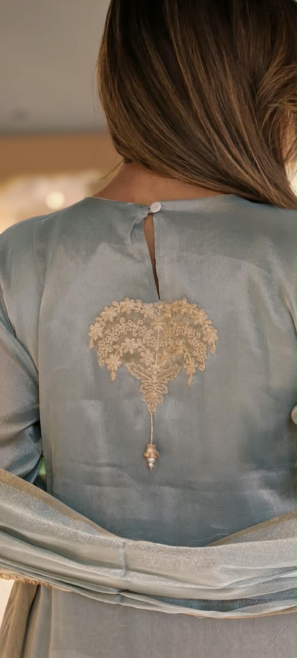 High End Tissue English Color Pallete Golden Highligted Embroidery Works A-Line Full Suit Set With Dupatta- 16070