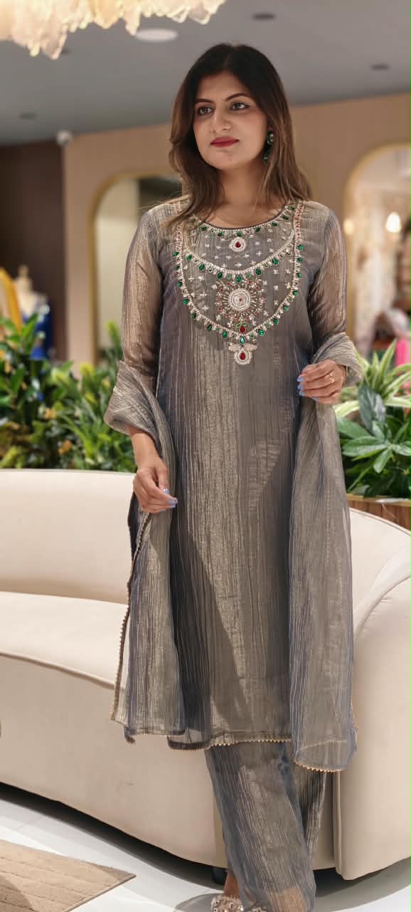 Very Elegant Premium Salsa Fabric Jewel Stone Fine Embroidery Statement Full Suit Set With Dupatta- 15286