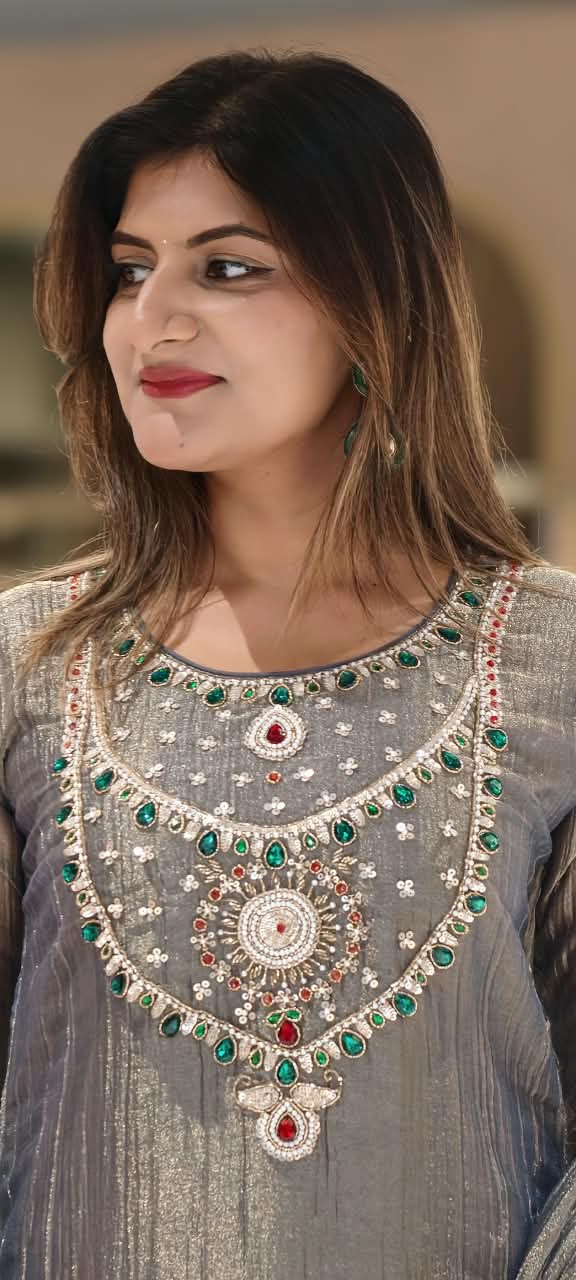 Very Elegant Premium Salsa Fabric Jewel Stone Fine Embroidery Statement Full Suit Set With Dupatta- 15286
