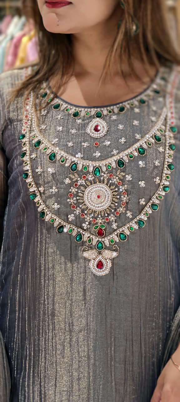 Very Elegant Premium Salsa Fabric Jewel Stone Fine Embroidery Statement Full Suit Set With Dupatta- 15286