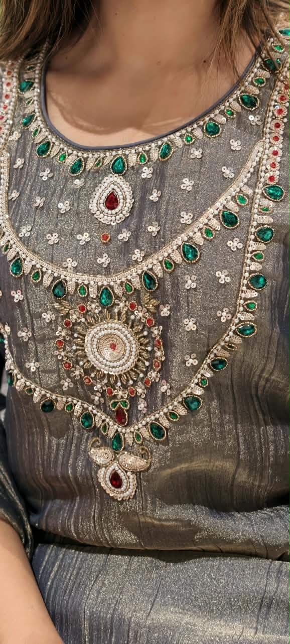 Very Elegant Premium Salsa Fabric Jewel Stone Fine Embroidery Statement Full Suit Set With Dupatta- 15286