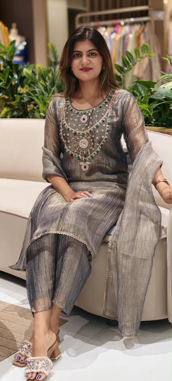 Very Elegant Premium Salsa Fabric Jewel Stone Fine Embroidery Statement Full Suit Set With Dupatta- 15286