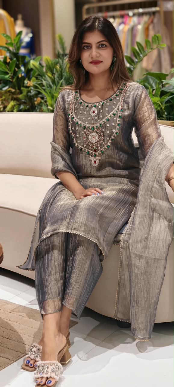 Very Elegant Premium Salsa Fabric Jewel Stone Fine Embroidery Statement Full Suit Set With Dupatta- 15286