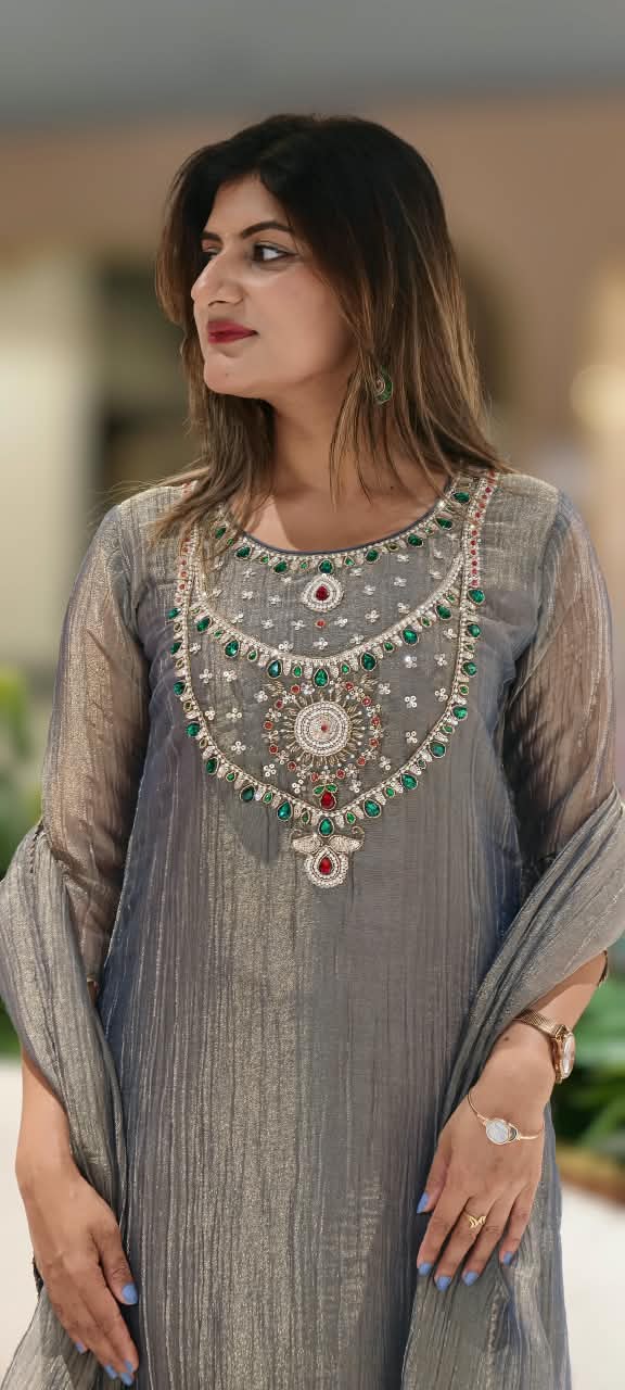 Very Elegant Premium Salsa Fabric Jewel Stone Fine Embroidery Statement Full Suit Set With Dupatta- 15286