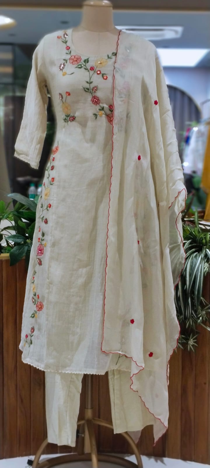 Spring Floral Gardenia Embroidered Banarasi Mul-Chanderi A-Line Full Suit Set With Dupatta- 16218