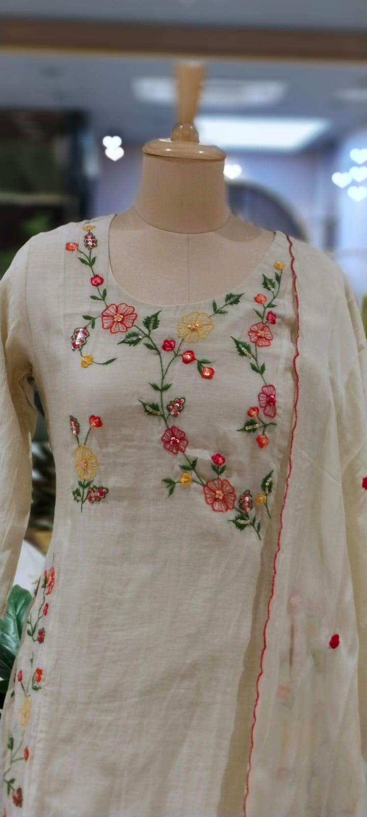 Spring Floral Gardenia Embroidered Banarasi Mul-Chanderi A-Line Full Suit Set With Dupatta- 16218