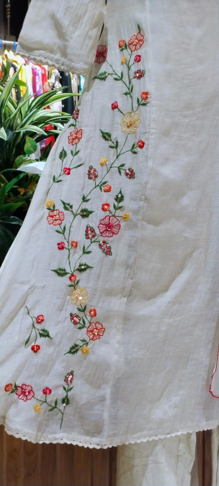 Spring Floral Gardenia Embroidered Banarasi Mul-Chanderi A-Line Full Suit Set With Dupatta- 16218