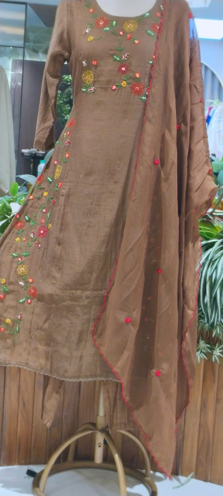 Spring Floral Gardenia Embroidered Banarasi Mul-Chanderi A-Line Full Suit Set With Dupatta- 16218