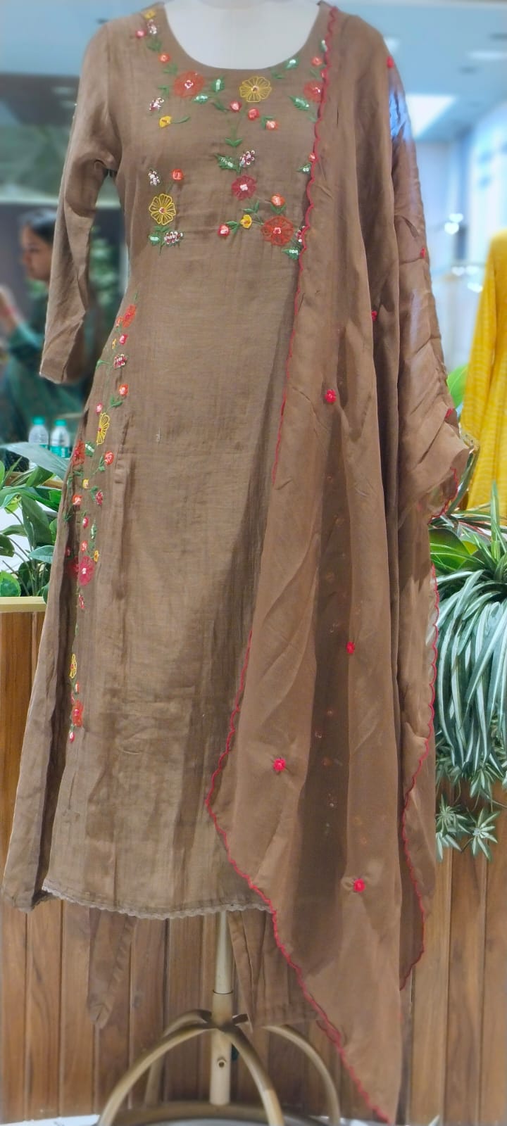Spring Floral Gardenia Embroidered Banarasi Mul-Chanderi A-Line Full Suit Set With Dupatta- 16218