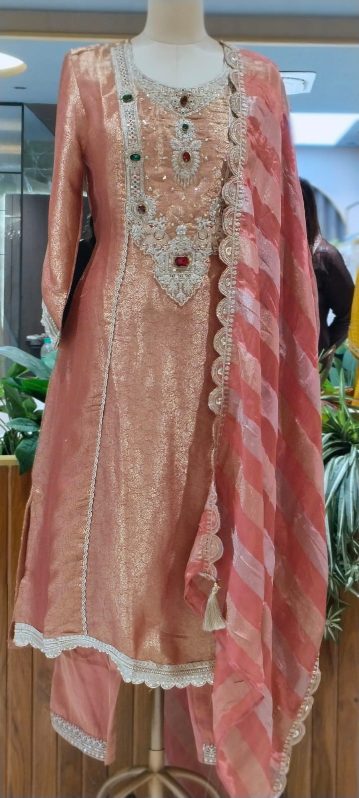 Pure Banarsi Brocade Jewel Stone Golden Panels A-Line Full Suit Set With Dupatta- 16234