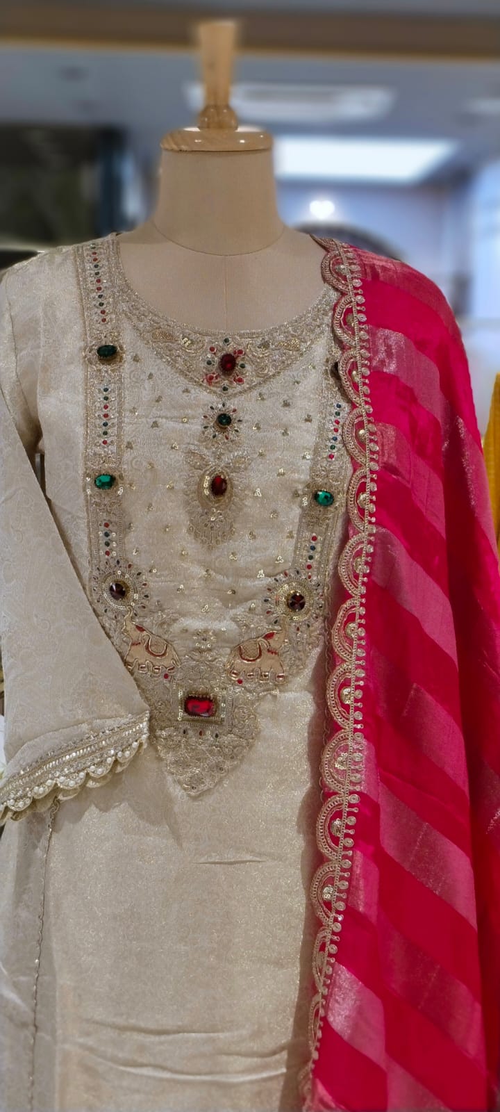 Pure Banarsi Brocade Jewel Stone Golden Panels A-Line Full Suit Set With Dupatta- 16234