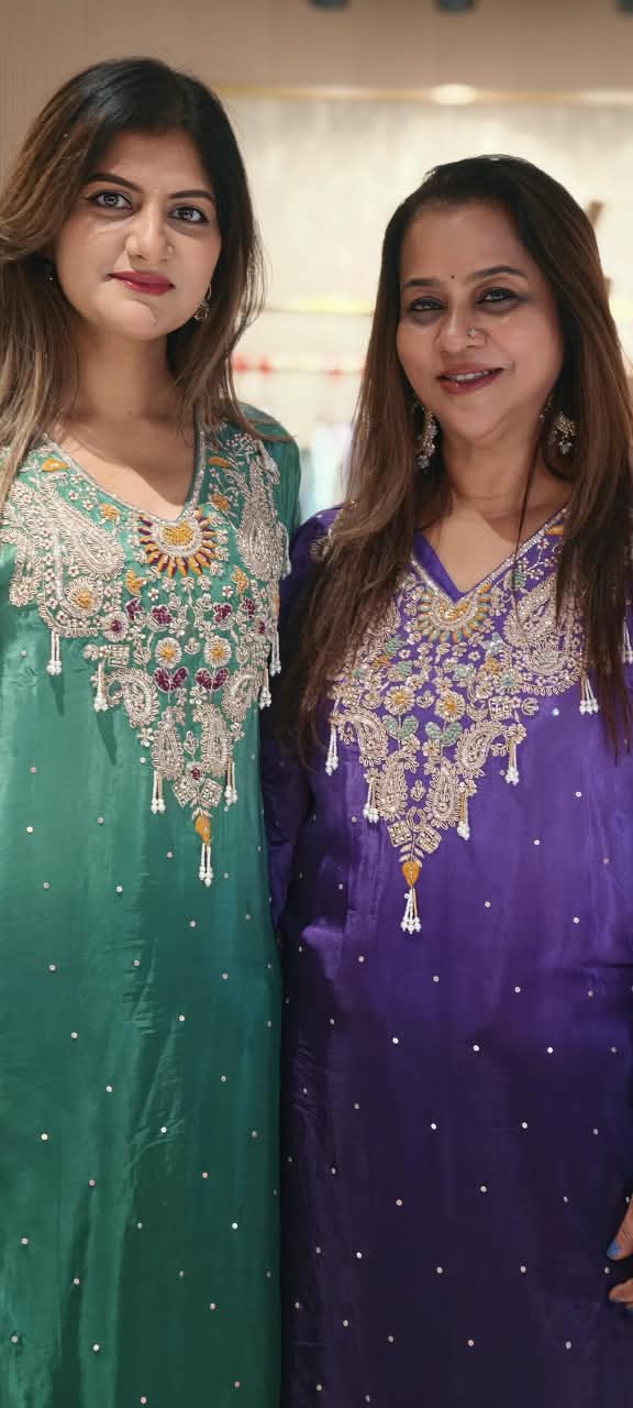 Pure Indo-Look Celestial Reindrops Scattered Tassel Accent Embroidered Yoke Kurta Pant Set- 16225