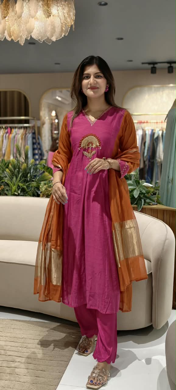 Vibrant Fuschia Rust Combination Sun-Inspired Embroidery Mul-Chanderi A-Line Full Suit Set With Dupatta- 16075