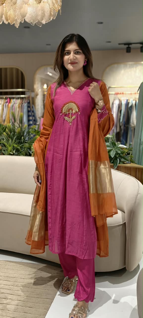 Vibrant Fuschia Rust Combination Sun-Inspired Embroidery Mul-Chanderi A-Line Full Suit Set With Dupatta- 16075