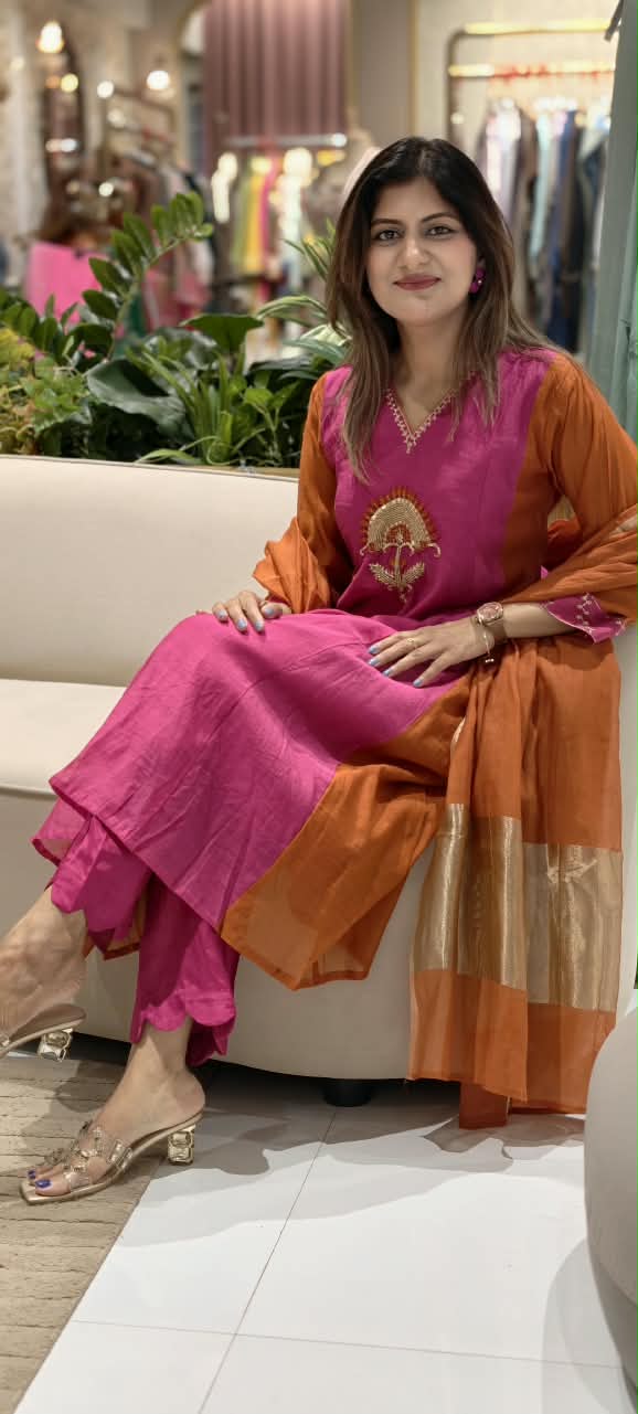 Vibrant Fuschia Rust Combination Sun-Inspired Embroidery Mul-Chanderi A-Line Full Suit Set With Dupatta- 16075