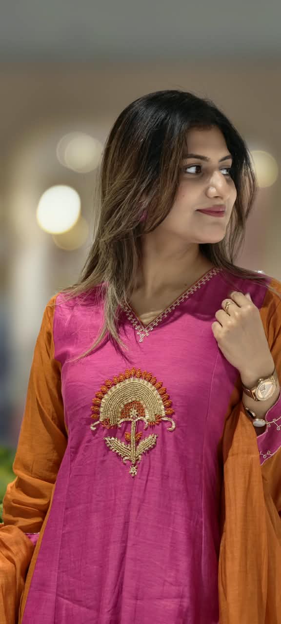 Vibrant Fuschia Rust Combination Sun-Inspired Embroidery Mul-Chanderi A-Line Full Suit Set With Dupatta- 16075