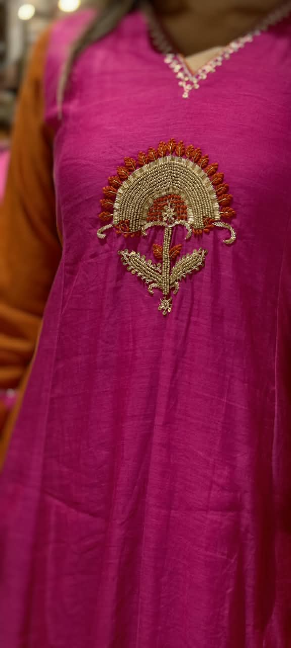Vibrant Fuschia Rust Combination Sun-Inspired Embroidery Mul-Chanderi A-Line Full Suit Set With Dupatta- 16075