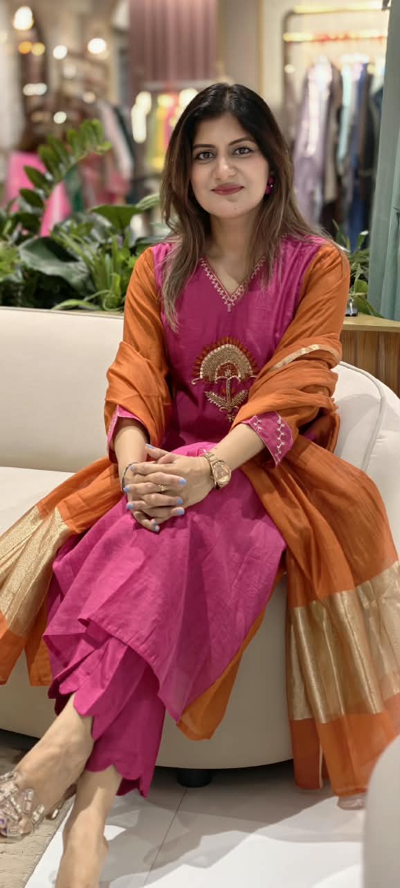 Vibrant Fuschia Rust Combination Sun-Inspired Embroidery Mul-Chanderi A-Line Full Suit Set With Dupatta- 16075