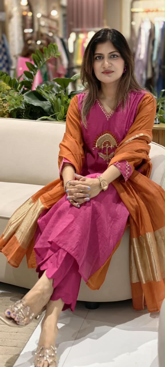 Vibrant Fuschia Rust Combination Sun-Inspired Embroidery Mul-Chanderi A-Line Full Suit Set With Dupatta- 16075