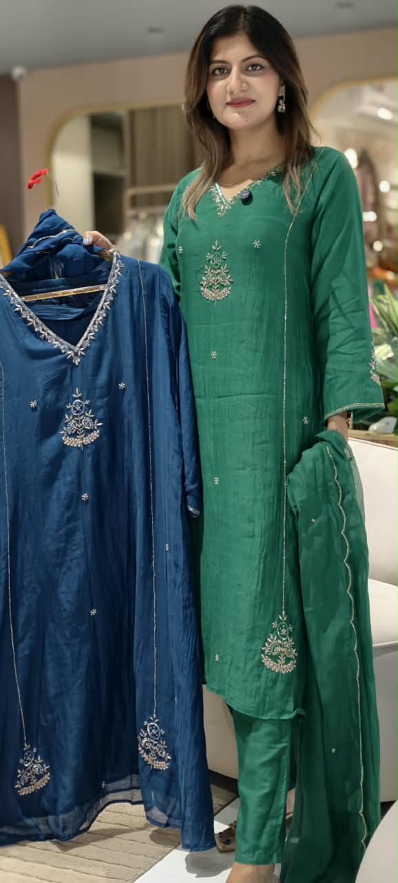 Elegant Embroidery Banarasi Mul-Chanderi Solid Shade A-Line Full Suit Set With Dupatta- 16222