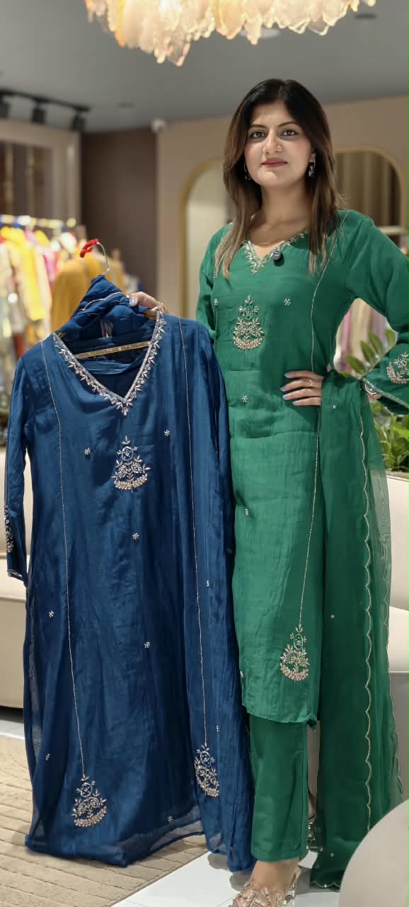 Elegant Embroidery Banarasi Mul-Chanderi Solid Shade A-Line Full Suit Set With Dupatta- 16222