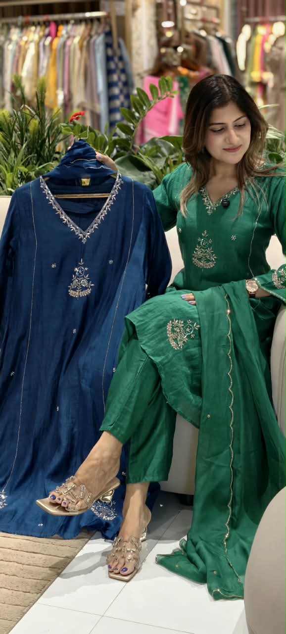 Elegant Embroidery Banarasi Mul-Chanderi Solid Shade A-Line Full Suit Set With Dupatta- 16222