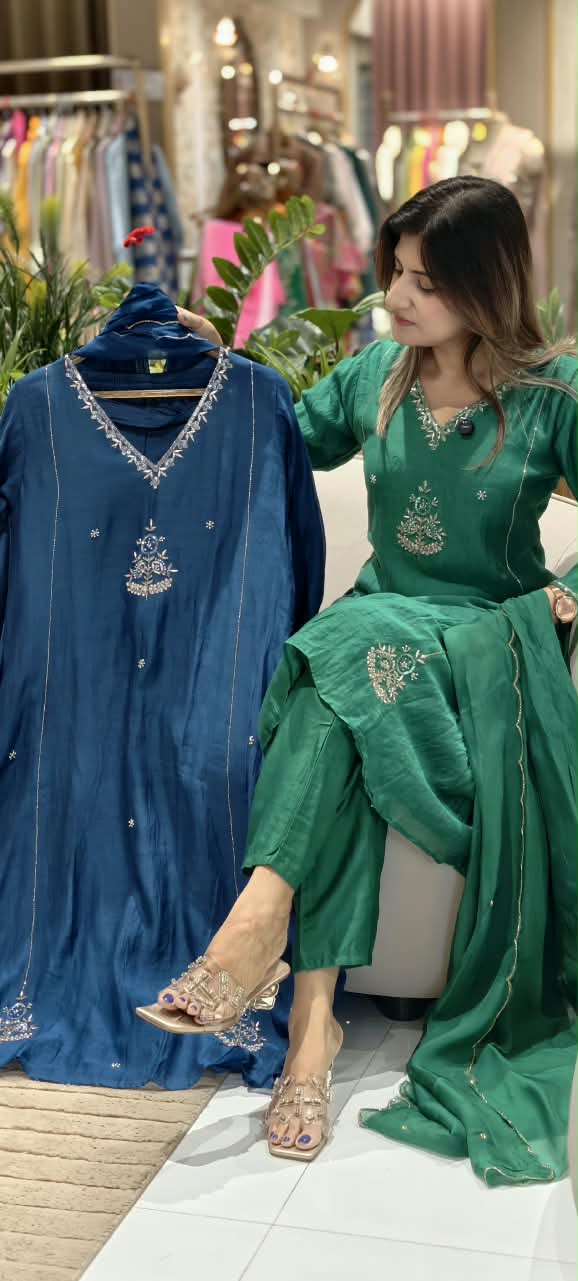 Elegant Embroidery Banarasi Mul-Chanderi Solid Shade A-Line Full Suit Set With Dupatta- 16222