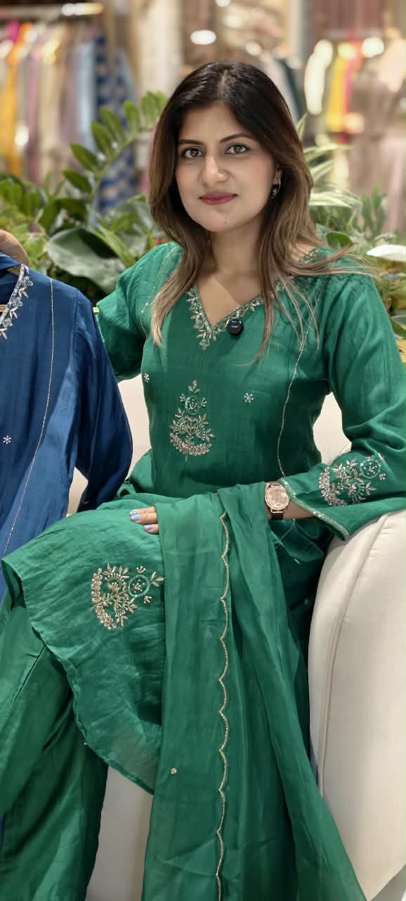 Elegant Embroidery Banarasi Mul-Chanderi Solid Shade A-Line Full Suit Set With Dupatta- 16222