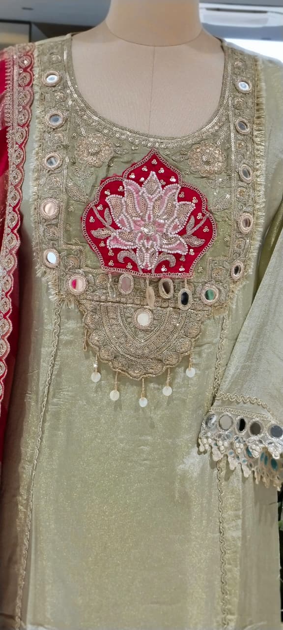 Lotus Inspired Graceful Heavy Designer Work Shimmery Tissue A-Line Full Suit Set With Dupatta- 16232