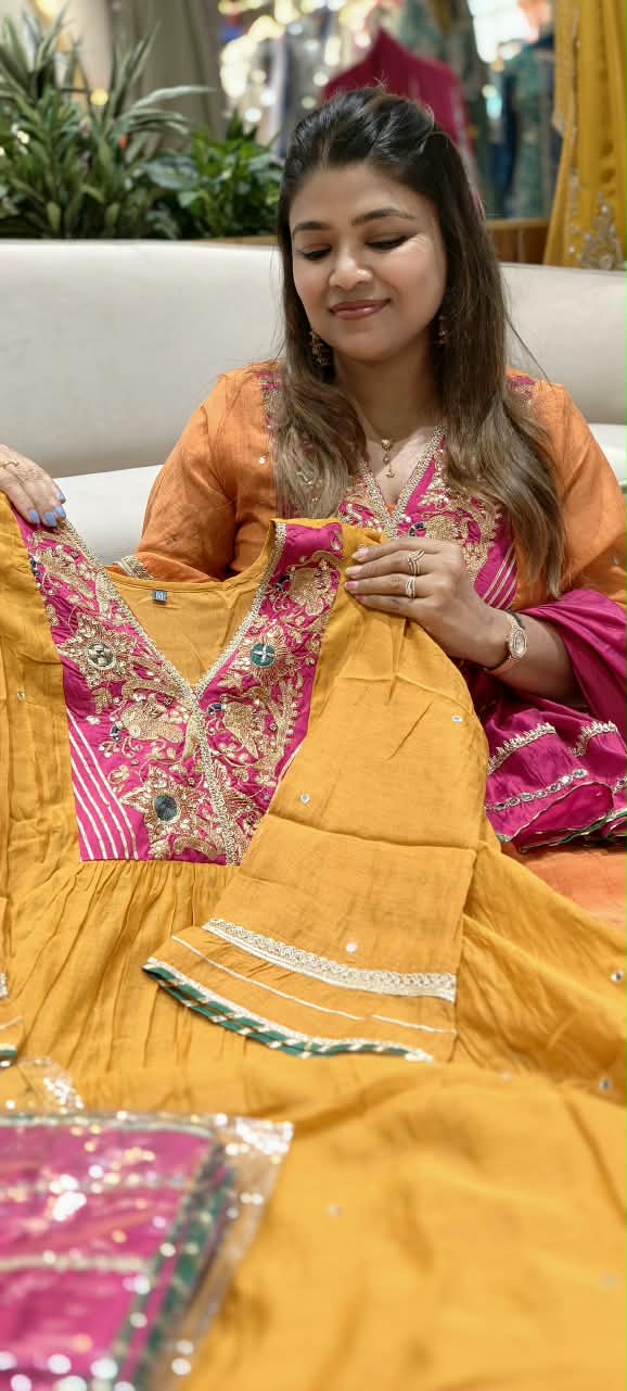 Festive Elegance Banarasi Mul-Chanderi A-Line Full Suit Set With Premium Zardosi Real Mirror Work- 16242