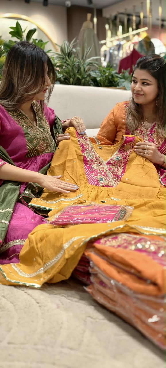 Festive Elegance Banarasi Mul-Chanderi A-Line Full Suit Set With Premium Zardosi Real Mirror Work- 16242