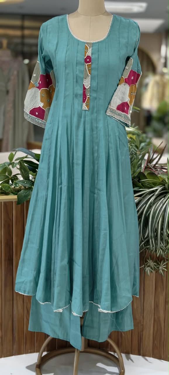 Vibrant Minimal Highlights Embroidered Banarasi Mul-Chanderi A-Line Full Suit Set With Dupatta- 16240
