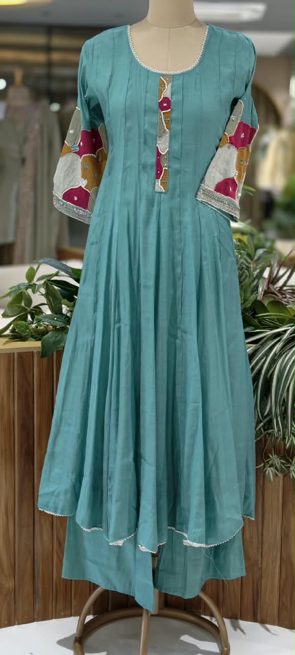 Vibrant Minimal Highlights Embroidered Banarasi Mul-Chanderi A-Line Full Suit Set With Dupatta- 16240