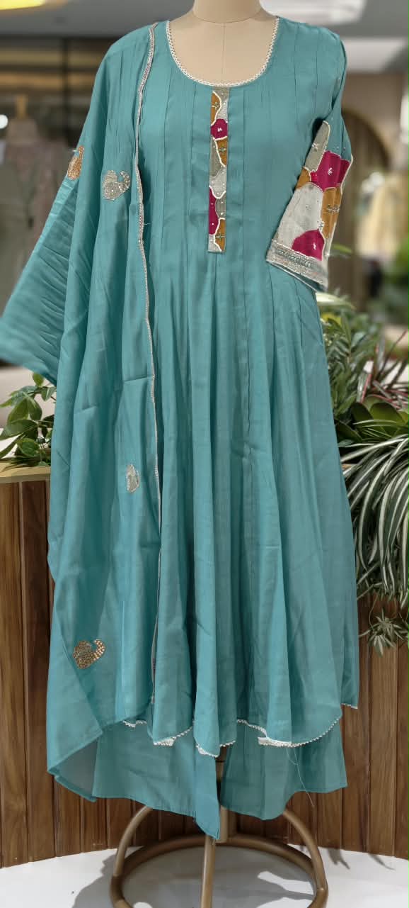 Vibrant Minimal Highlights Embroidered Banarasi Mul-Chanderi A-Line Full Suit Set With Dupatta- 16240