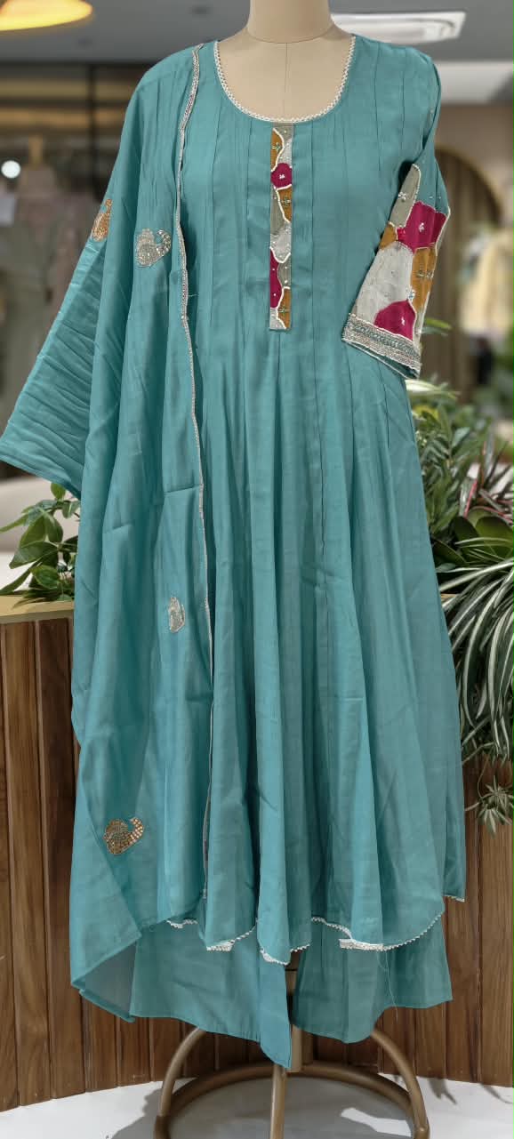 Vibrant Minimal Highlights Embroidered Banarasi Mul-Chanderi A-Line Full Suit Set With Dupatta- 16240