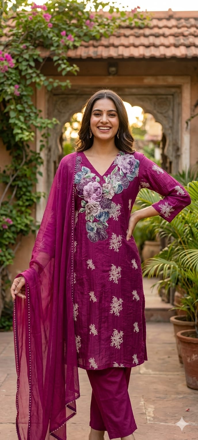 Exclusive 3D Floral Popped Embroidery Premium Fabric Straight Full Suit Set With Dupatta- 15205