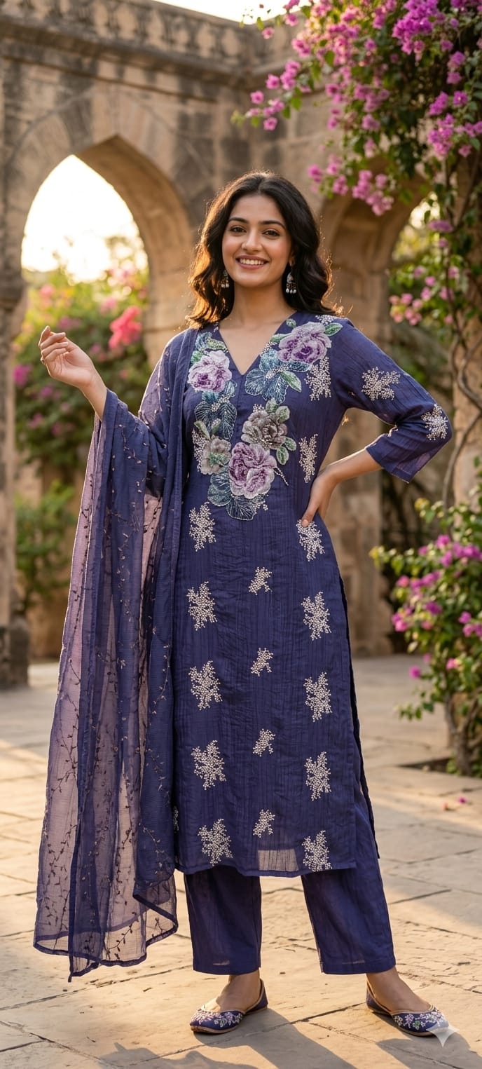 Exclusive 3D Floral Popped Embroidery Premium Fabric Straight Full Suit Set With Dupatta- 15205
