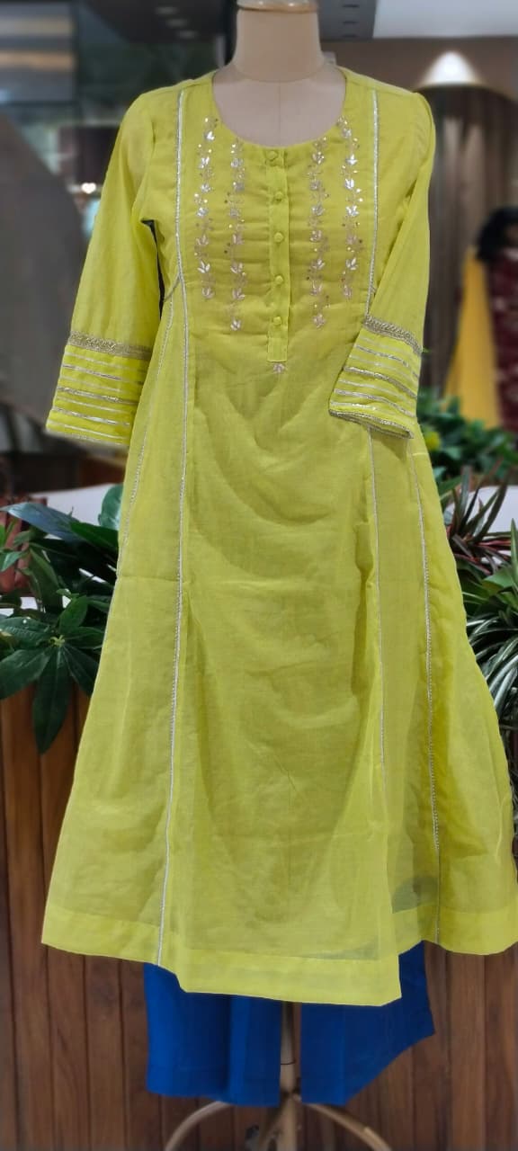 Twin Color Parrot Inspired Pure Chanderi A-Line Full Suit Set With Organza Dupatta- 16248
