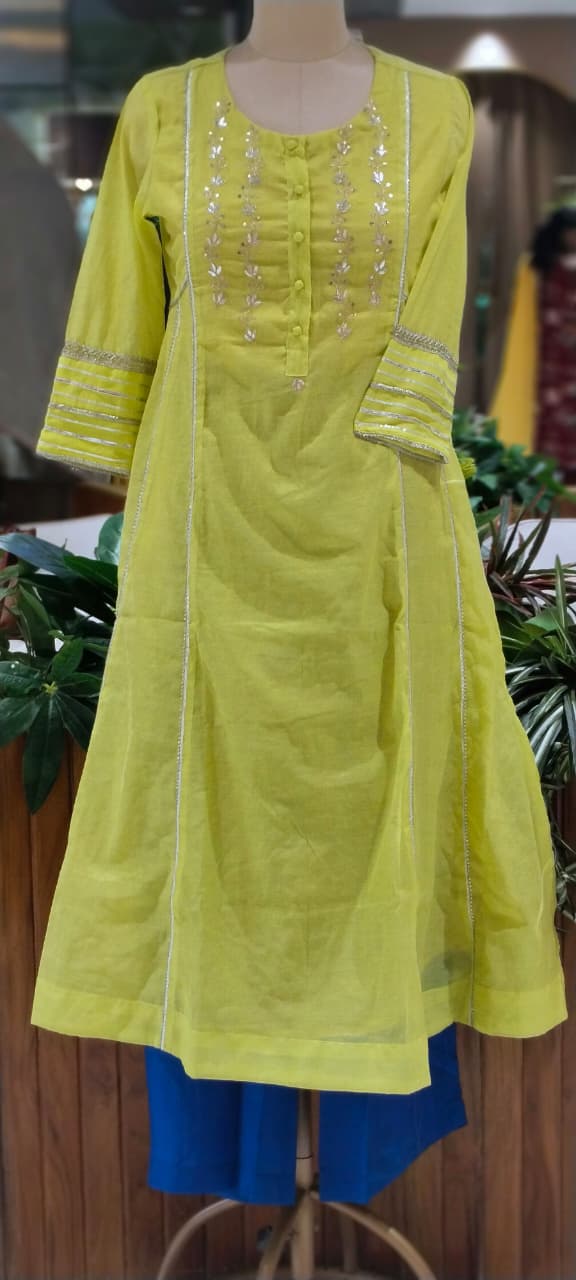 Twin Color Parrot Inspired Pure Chanderi A-Line Full Suit Set With Organza Dupatta- 16248