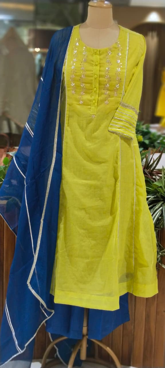Twin Color Parrot Inspired Pure Chanderi A-Line Full Suit Set With Organza Dupatta- 16248